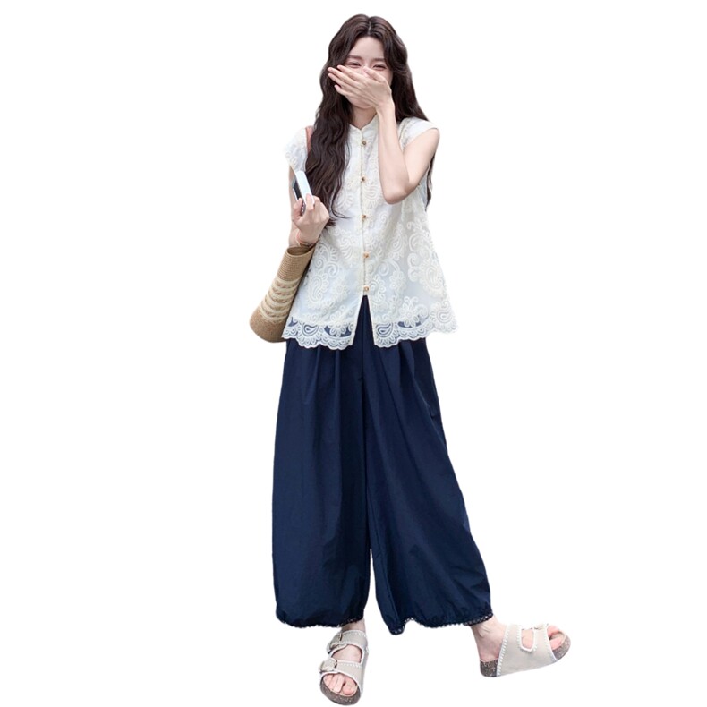 新中式国风套装女2025夏新款气质清冷感蕾丝刺绣上衣阔腿裤两件套,女装套装/套裙,2C323
