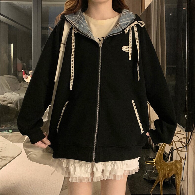 A481-P98甜美蕾丝抽绳连帽休闲时尚潮牌外套格子连帽卫衣春秋女,男装夹克,星座911