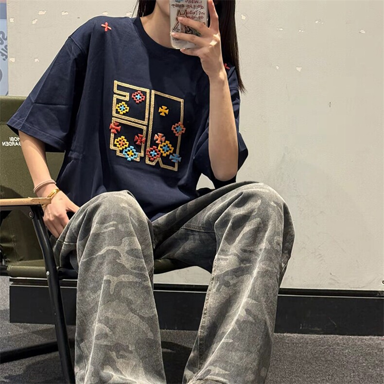 万针全刺绣工艺 高品质260克双纱纯棉美式高街短袖T恤 特P33图片