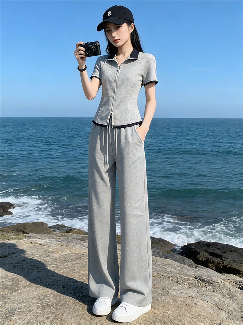 欧货时尚休闲运动套装女夏新款简约立领拼短袖上衣直筒长裤两件套,女装套装/套裙,江南