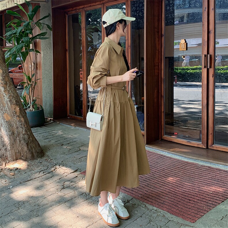法式衬衫连衣裙女士中长款,女装连衣裙,素月