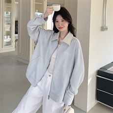 蓝色翻领短款外套女2025秋季新款小个子宽松时尚百搭夹克休闲夹克，女装短外套，2C232