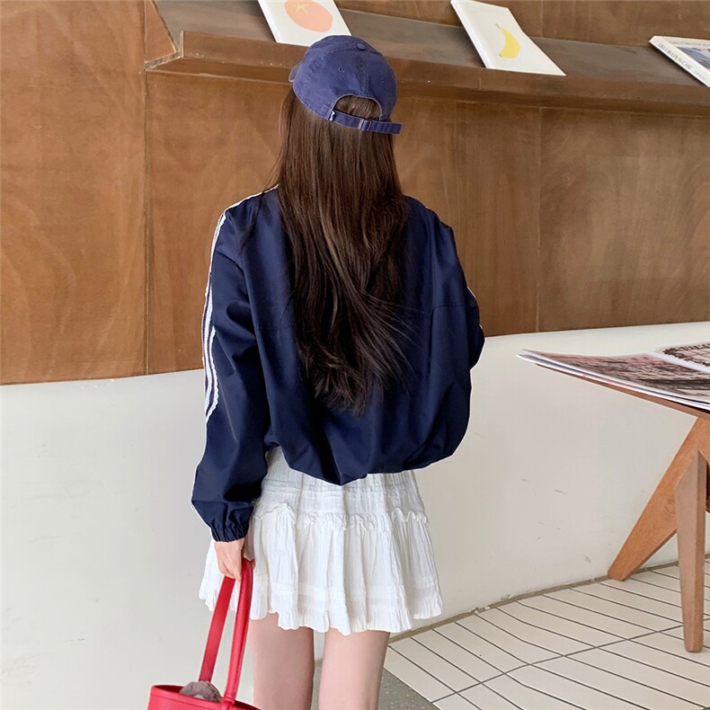 藏青色蕾丝拼接外套女2025春季新款学院风超好看休闲时尚夹克上衣,女装短外套,2C323