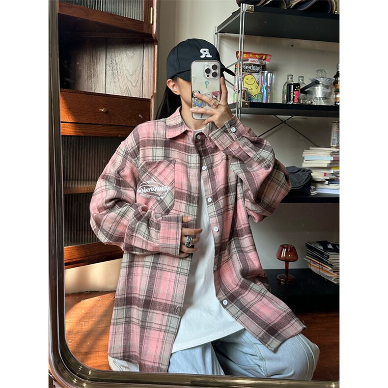 wassuphappy黄格长袖衬衫男款春秋季潮牌复古宽松衬衣服休闲外套,男装衬衫,电商A003