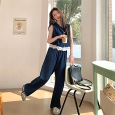 今年流行牛仔时尚套装女夏新款休闲气质蕾丝拼接马甲阔腿裤两件套，女装套装/套裙，2C108