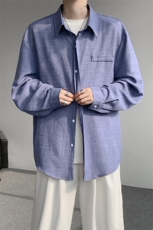 春夏男士衬衫冰丝薄款休闲上衣宽松垂感百搭黑色翻领长袖衬衣，男装衬衫，电商B319