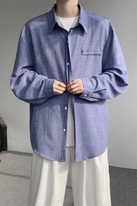 春夏男士衬衫冰丝薄款休闲上衣宽松垂感百搭黑色翻领长袖衬衣图片