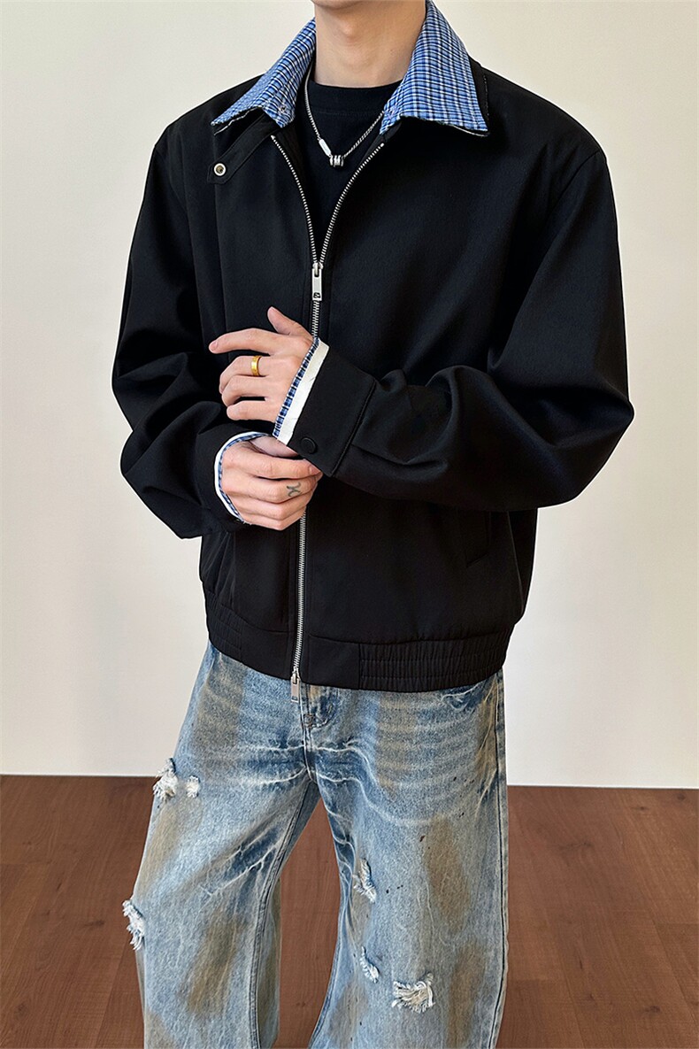 春季新款翻领可拆夹克格子拼接工装短外套男C61313-TP70128,男装夹克,电商A102