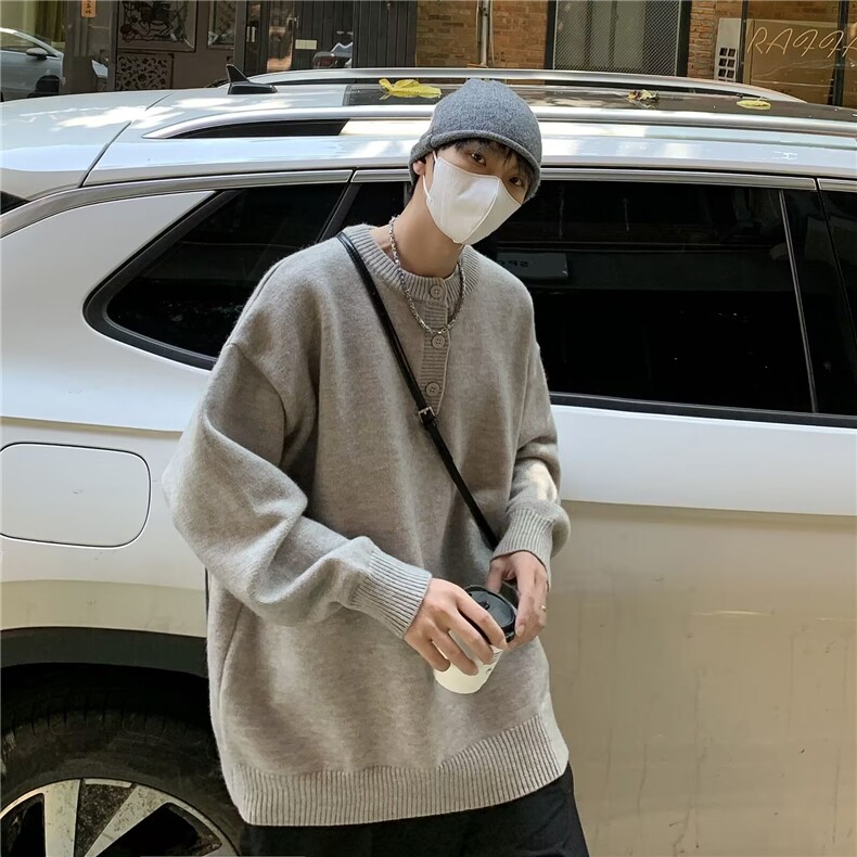 日系复古亨利领纽扣毛衣男款冬季灰色高级感M6527-P51,男装针织衫/毛衣,星座1109-3