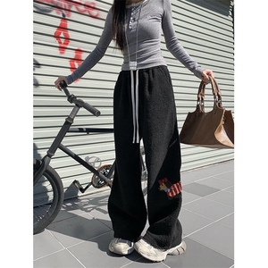小狗刺绣羊羔毛棉裤男女情侣冬季加厚保暖防寒宽松百搭休闲长裤子图片
