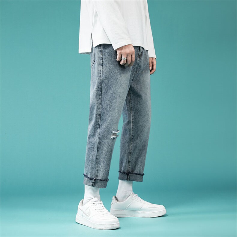 夏季薄款破洞牛仔裤直筒宽松潮牌休闲潮流百搭九分裤K1020-P40,男装牛仔裤,星座512-3