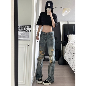 高街复古破洞牛仔裤女夏季韩版高腰显瘦小个子直筒阔腿长裤潮图片