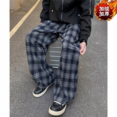 加绒加厚冬款男女休闲裤棋盘格条纹保暖直筒宽松长裤HK80P62，男装棉衣，星座1013-1
