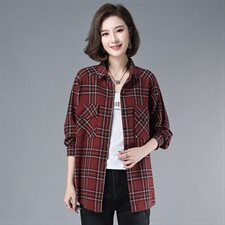 2021年春季排多扣POLO领格子衬衫常规宽松衬衣，女装衬衫，伊满意