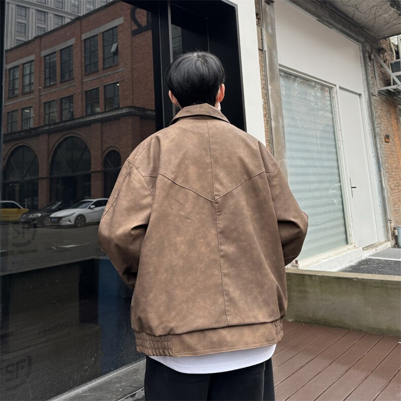 春季皮衣外套男女生同款美式复古潮牌翻领休闲夹克JK05-P95控128,男装皮衣,星座218-5