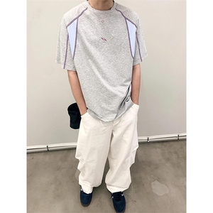 2025新款韩系简约风撞色拼接短袖T恤美式复古男女休闲TA55-P38图片