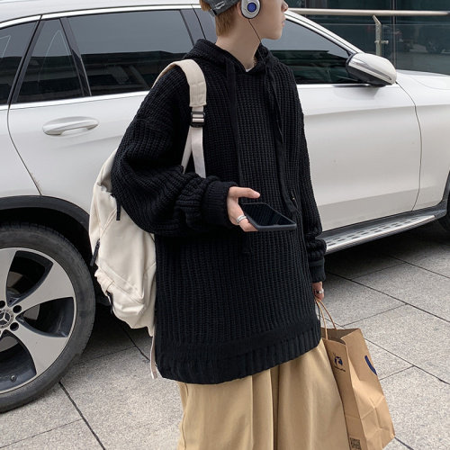 港风新款宽松休闲中性情侣连帽潮流纯色毛衣男外套慵懒风W01/P70,男装针织衫/毛衣,电商A221A