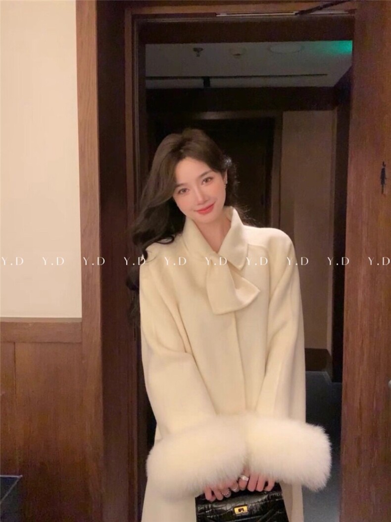 【依嘟】2025秋冬新款狐狸毛袖高级感羊毛外套(配可拆卸真狐,女装双面呢大衣,依嘟服饰