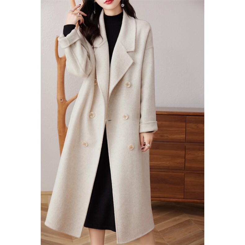 2024秋季新款纯色长袖中长款双面呢大衣通勤百搭，女装双面呢大衣，贝源羊绒