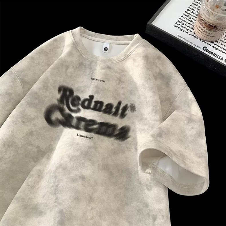 重磅麂皮绒脏脏短袖T恤男夏季2025新款美式潮流宽松印花扎染上衣，男装T恤，星座506A