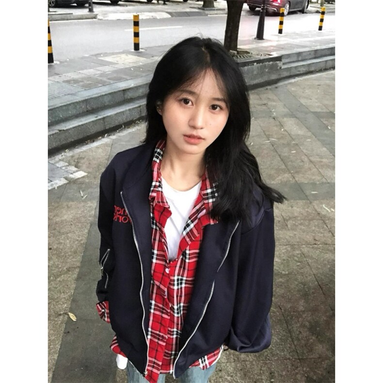 网络图 现货美式小众格子拼接假两件飞行员夹克棒球服JJK8561-P70图片
