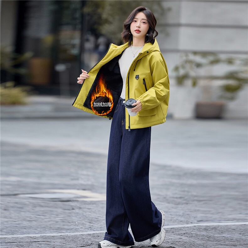 工装风休闲连帽加绒加厚短外套女2025秋冬新款宽松显瘦保暖派克服,女装短外套,依路服饰