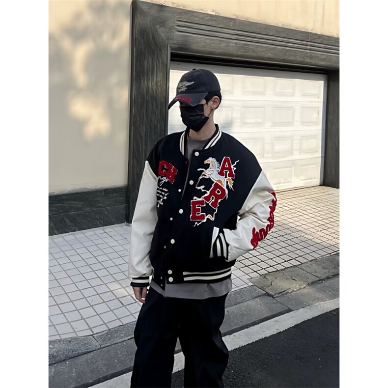 美式嘻哈字母植绒刺绣棒球服男女春季休闲保暖马年外套图片