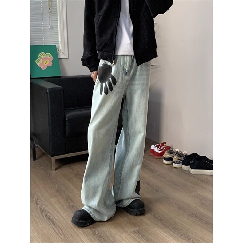 明星同款~手掌印花牛仔裤众高级感直筒裤子NZ553特P50,男装牛仔裤,星座908-1