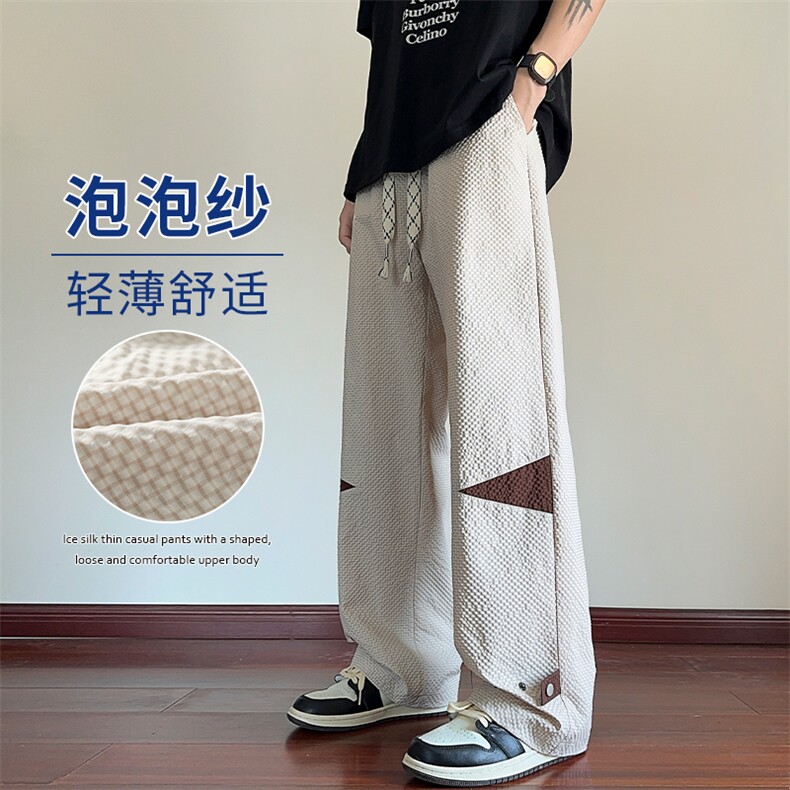 特批P30无差价夏秋衔接泡泡纱按扣拖地长裤男复古潮牌阔腿裤K1572图片