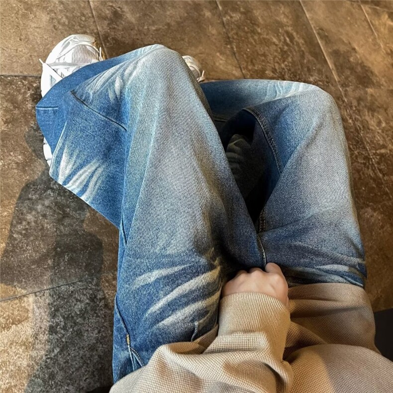 美式街头牛仔裤男小众水洗复古阔腿工装裤休闲裤百搭长裤潮-X8061,男装牛仔裤,星座601-2