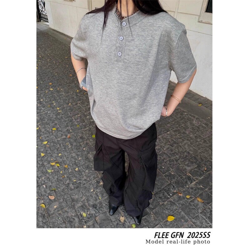 浅灰色老钱风亨利领T恤男夏季松弛感针织短袖复古美式情侣五分袖,男装T恤,星座1116A（原606A-3）