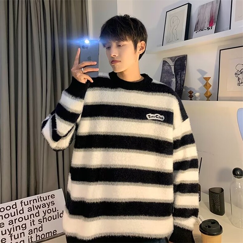 wassup happy条纹圆领毛衣男冬季潮牌宽松情侣软糯保暖休闲针织衫图片