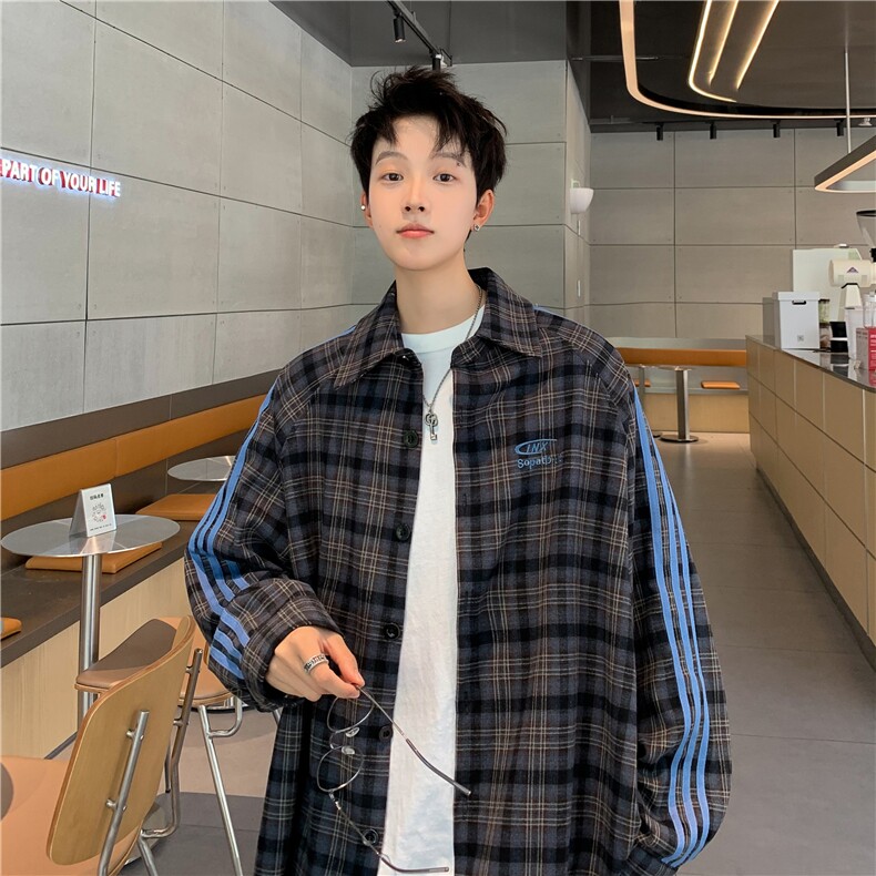潮三条杠格纹长袖衬衫男女春秋季潮牌情侣衬衫夹克外套8883/P85图片