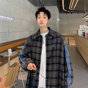 潮三条杠格纹长袖衬衫男女春秋季潮牌情侣衬衫夹克外套8883/P85图片