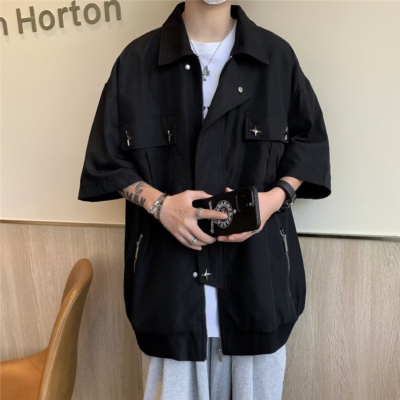 衬衫宽松型ins日系纯色方领青春流行男五分袖潮夏季日常9237P48,男装衬衫,星座410-2