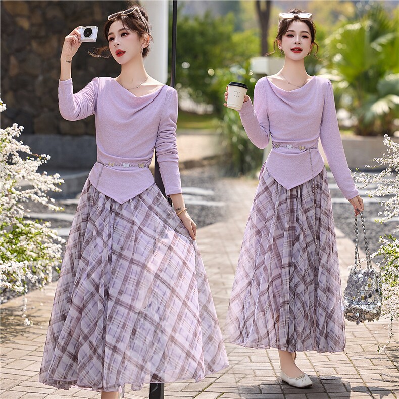 现货现货网纱格子半身裙女收腰2026春装新款超火穿搭一整套裙，女装套装/套裙，伊仟回