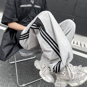 港风夏款男速干裤三条杠条纹冰丝拼色束脚冲锋裤h2830 P40图片