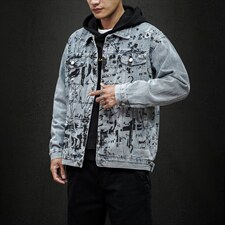 jk823-p90-限价128黑墙牛仔夹克肥仔秋款量足印花大码图片