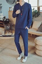 DY28*2021春秋季季男士棉麻长袖T恤中国风两件套装男灰蓝色*P75，男装T恤，星座1516（原B303）