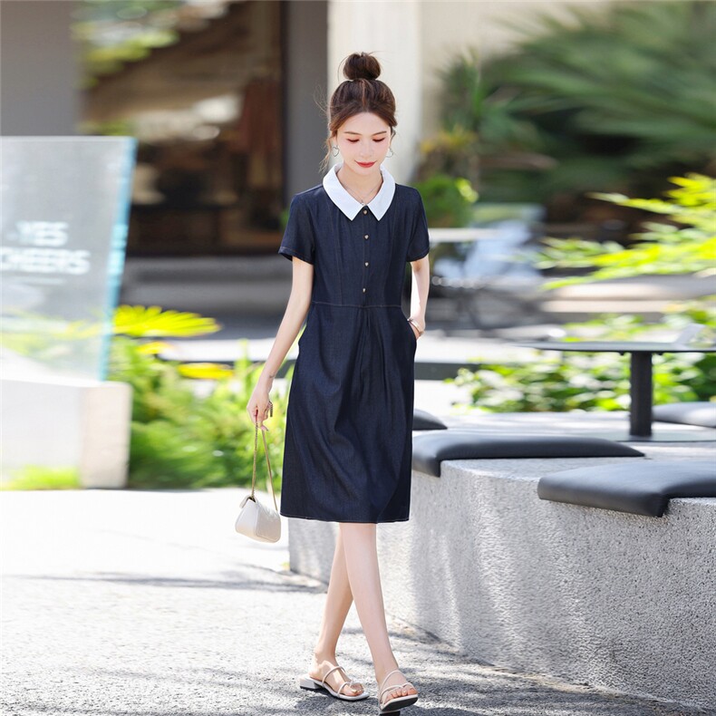娃娃领连衣裙女2025新款中长款夏季短袖高级感减龄妈妈夏装裙子潮,女装连衣裙,梦芯尔