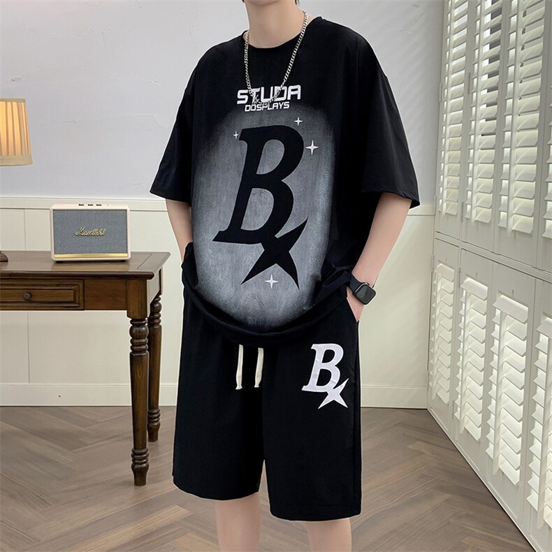 夏季短袖T恤冰丝套装港风透气凉爽宽松休闲潮流男装DF326P65控89,男装休闲套装,电商A086