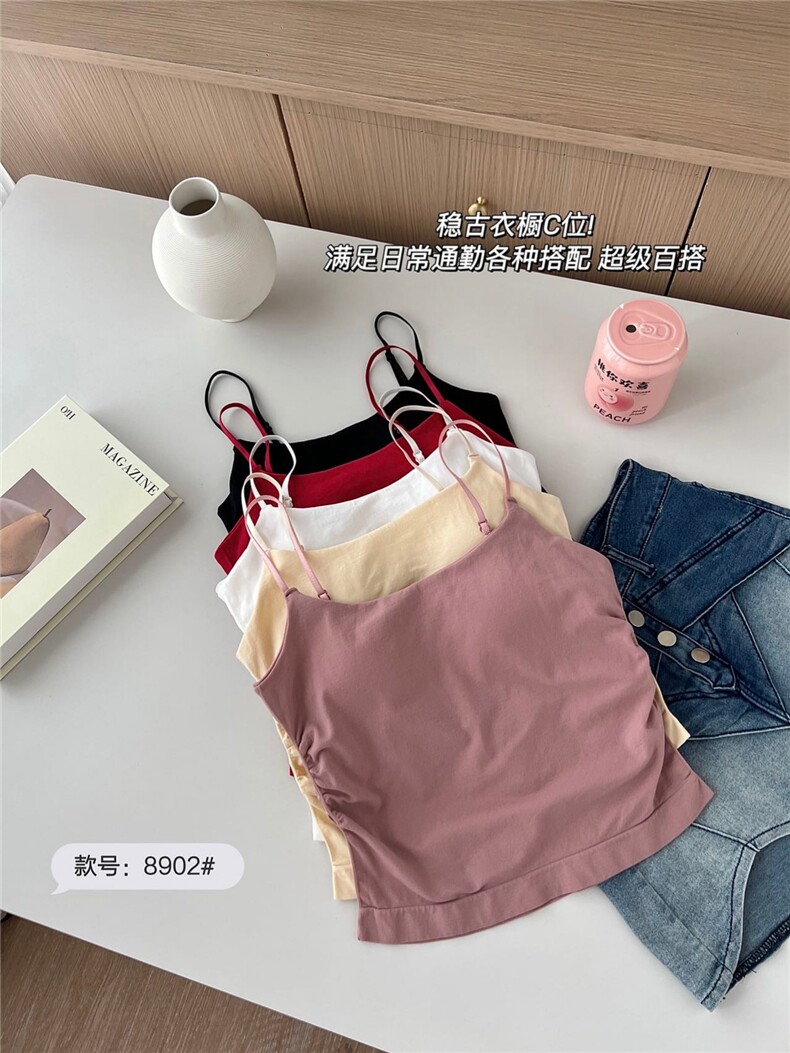 新款纯欲甜辣设计感褶皱吊带背心女带胸垫内搭外穿修身美背上衣夏,女装背心吊带,梦白服饰厂