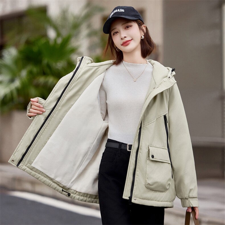 休闲连帽工装派克服棉衣女2024冬新款宽松防风保暖冲锋衣加绒外套,女装棉衣/棉服,悦祺
