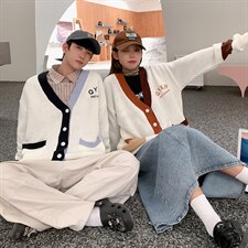 撞色日系字母刺绣毛衣开衫秋冬学院风慵懒情侣针织外套M534-P46，男装针织衫/毛衣，星座512-2