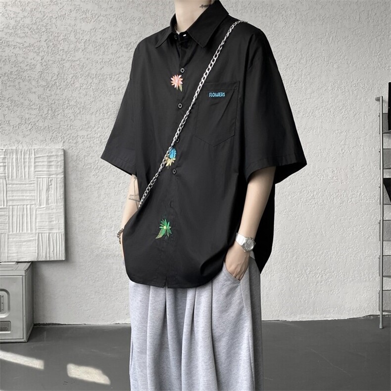 设计感重工花卉刺绣短袖衬衫高级大码美式痞帅衬衣外套DC5011/P45,男装衬衫,电商B238