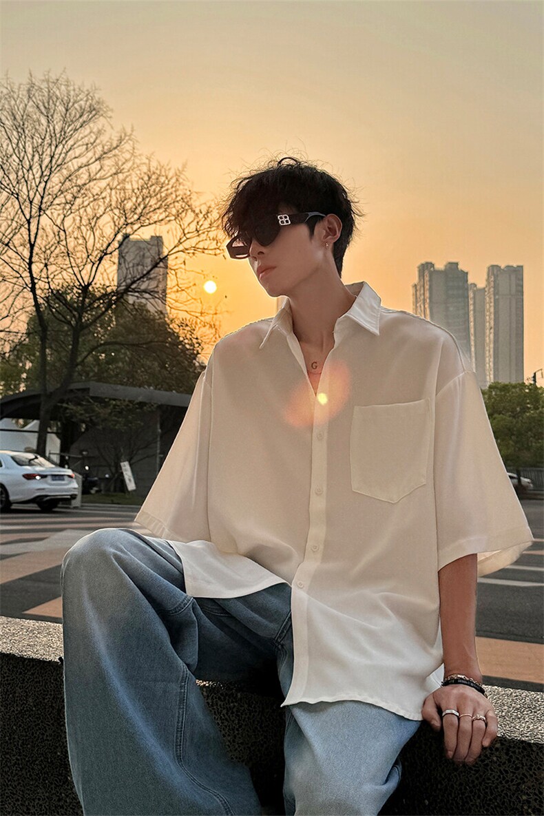 冰丝短袖衬衫X2393-TP3548夏季可二开港风纯色宽松垂感衬衣,男装衬衫,电商A102