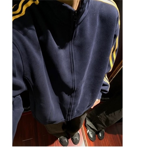藏青色三条杠开衫卫衣男秋季潮牌美式复古青少年宽松休闲立领外套图片