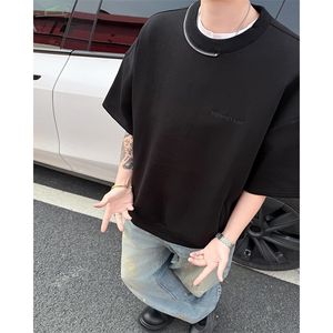 DP0112-P42纯棉潮牌半环拉链重磅冰感圆领刺绣宽松百搭5分袖T恤