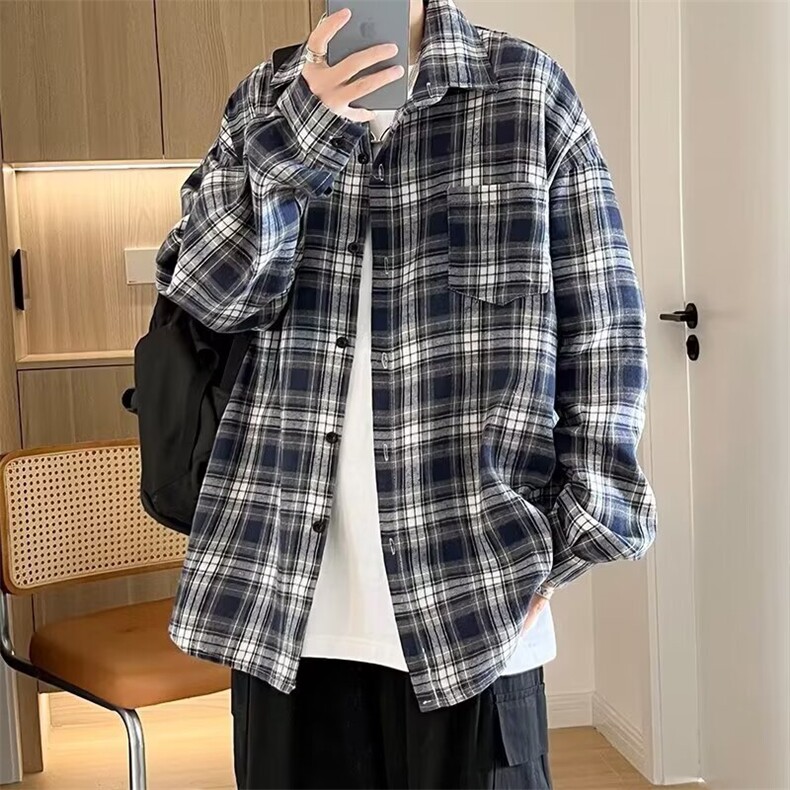 C07-P29潮流时尚日系ins慵懒格子衬衫套装，男装休闲套装，电商B323A