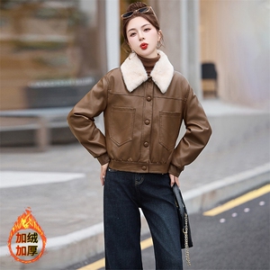 现货海宁f仿真皮皮衣女加绒加厚短款2024冬季新款女士宽松皮外套图片